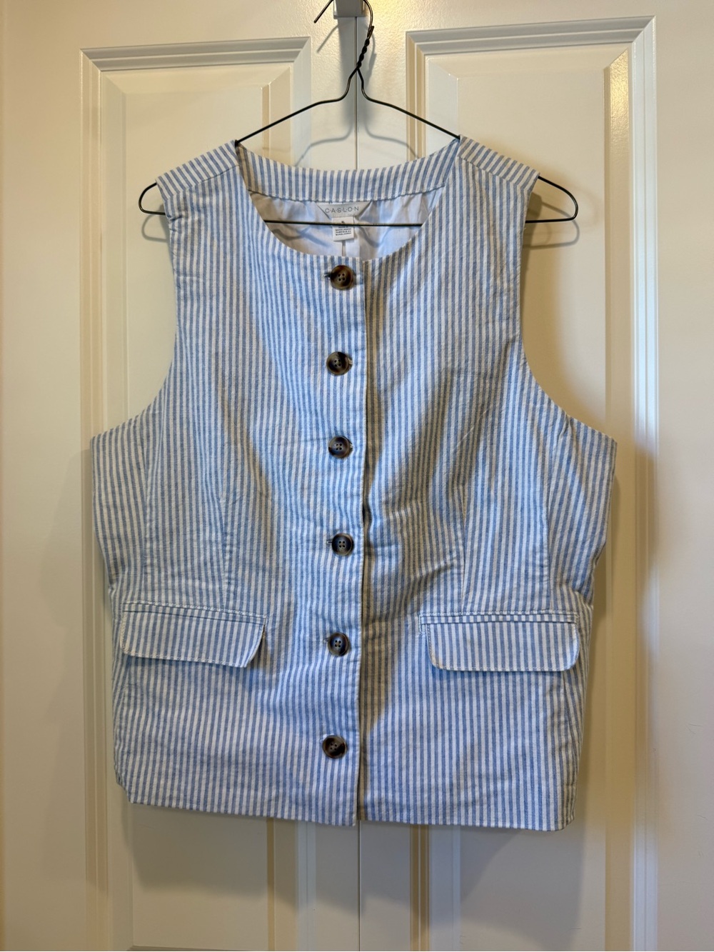 Caslon Light Blue & White Striped Sleeveless Button Vest